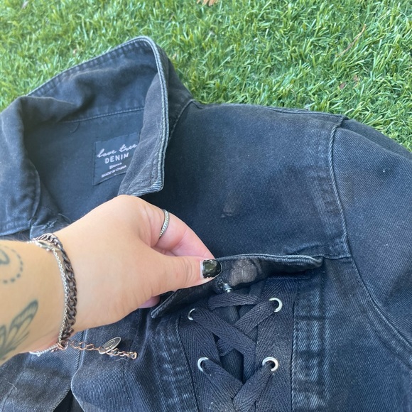 Black Denim Gromet Grunge Jean Jacket Love Tree - Picture 5 of 8